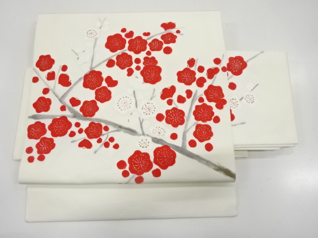 塩瀬　手描き　枝梅模様　作り帯